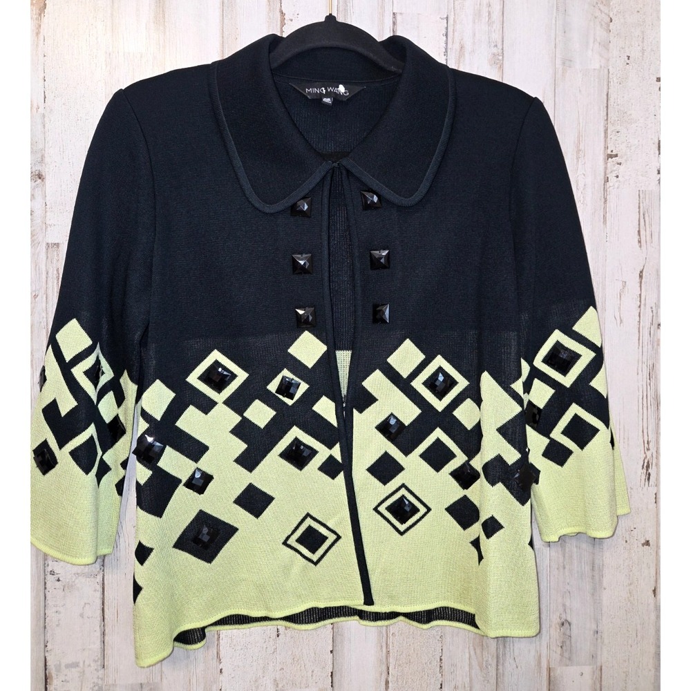 Ming Wang size PS Cardigan Knit Jacket Sweater Black /Green Beaded 3/4 sleeve
